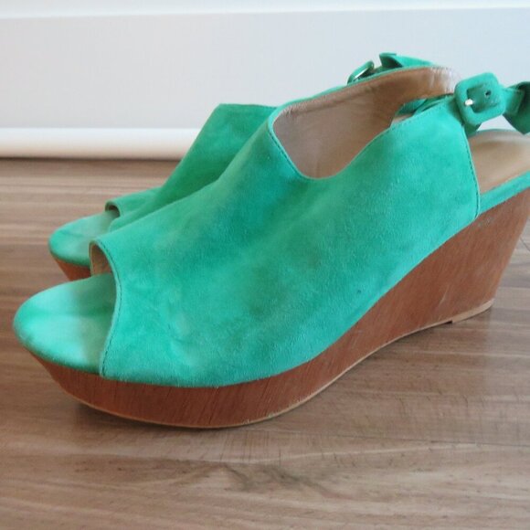 ANTHROPOLOGIE Bow Back Wooden Wedge Peeptoe Sandals in Kelly Green - Size US 10 - Picture 2 of 15